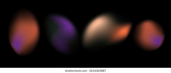 Y2K inspired color transition gradient shape set. Blurred brown, violet fuzz gradient background. Abstract fluid vector illustration isolated on black. Holographic blur iridescent color gradation