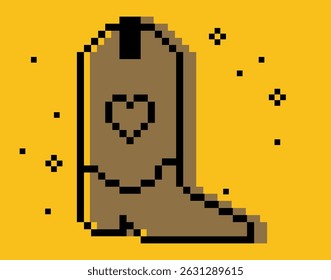 Y2k inspired cowboy boot pixel art brown color element. Trendy western collage sticker. 8 bit retro style vector illustration. Simple geometric shape. Game abstract wild west fashion icon