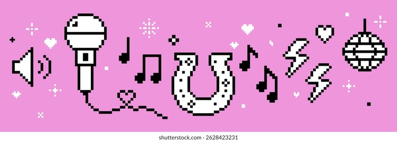 Y2k inspired cowgirls disco party design. Retro party karaoke isolated vector illustration in pixel art. Mic, music note, festival. Mood of 90's banner. Funny game abstract elements on pink background