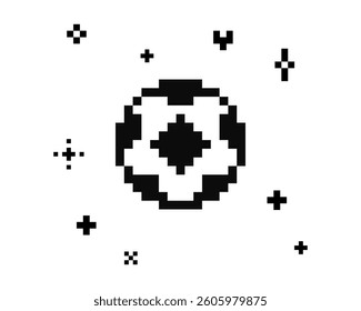 Y2k inspired football sticker in pixel art. Pixels soccer ball. Mood of 90's. 8 bit retro style sport vector illustration. Trendy geometric shape. Game abstract football icon