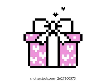 Y2k inspired gift box with a bow icon in pixel art. Present icon. Trendy collage sticker. Mood of 90's. 8 bit retro style isolated vector illustration. Game abstract color element