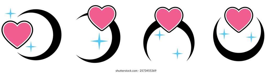 Y2K inspired heart icon vector, hearts and curved lines Future galaxy. Perfect for nostalgic, romantic, or playful designs. use in themes of love, retro and digital aesthetics.