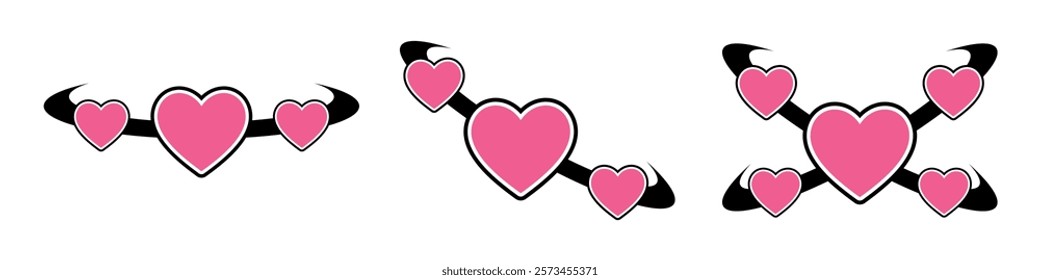 Y2K inspired heart icon vector, hearts and curved lines Future galaxy. Perfect for nostalgic, romantic, or playful designs. use in themes of love, retro and digital aesthetics.