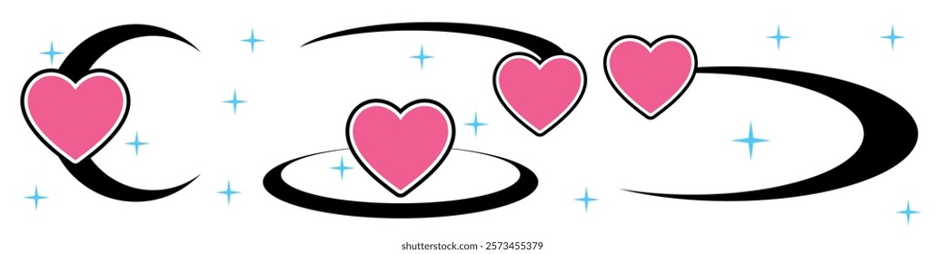 Y2K inspired heart icon vector, hearts and curved lines Future galaxy. Perfect for nostalgic, romantic, or playful designs. use in themes of love, retro and digital aesthetics.