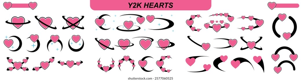 Y2K inspired heart icon vector, hearts and curved lines Future galaxy. Perfect for nostalgic, romantic, or playful designs. use in themes of love, retro and digital aesthetics.