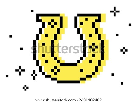 Y2k inspired horseshoe pixel art element. Horse shoe icon. Trendy western collage sticker. Mood of 90's. 8 bit retro style vector illustration. Simple geometric shape. Game abstract lucky icon