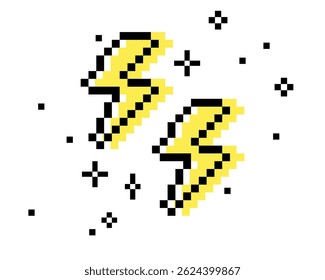 Y2k inspired lightning flash pixel art black element. Thunder icon. Trendy collage sticker. Mood of 90's. 8 bit retro style vector illustration. Simple geometric shape. Game abstract lightning icon