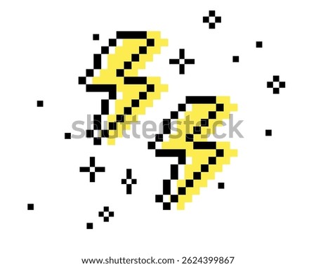 Y2k inspired lightning flash pixel art black element. Thunder icon. Trendy collage sticker. Mood of 90's. 8 bit retro style vector illustration. Simple geometric shape. Game abstract lightning icon