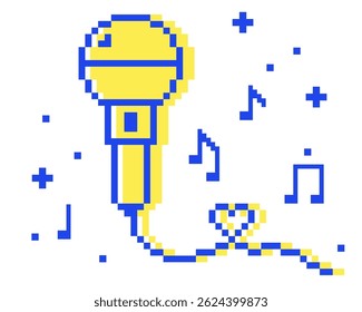 Y2k inspired microphone with heart shaped wire in pixel art. Mic. Pixel karaoke mike icon. Mood of 90's. 8 bit retro style vector illustration. Trendy geometric shape. Game abstract element