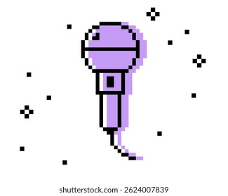 Y2k inspired microphone sticker in pixel art. Pixels karaoke mike icon. Mood of 90's. 8 bit retro style vector illustration. Trendy geometric shape. Game abstract element for singing, radio, concert