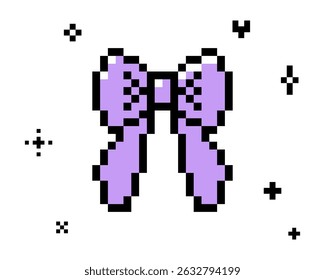 Y2k inspired purple bow knot with long tails pixel art style icon. Vintage retro sticker. Coquette bow emoji. Cute festive badge. Game abstract isolated vector element. 8 bit modern geometric shape
