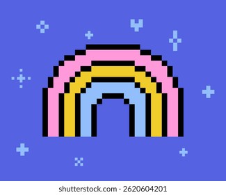 Icono inspirado del cielo del arco iris de Y2k en el arte del pixel. arco iris colorido con brillo del pixel y patrón de la estrella. Etiqueta engomada abstracta del juego para el cartel, collage, logotipo, muestra. Ilustración vectorial. Elemento abstracto del juego