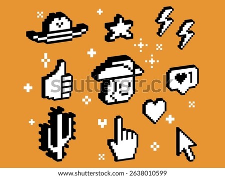 Y2k inspired retro cowboy pixel art sticker set. Cowboy hat, star and heart shape, cactus emoji and cool digital wild west badge element. 3D vintage isolated vector illustration on a brown background