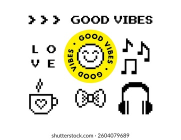 Y2k inspired retro pixel art vector illustration. Smile, good vibes sign, bow, headphones and cool game elements on a white background. Mood of 90s. Young digital 8 bit collage sticker, musical banner