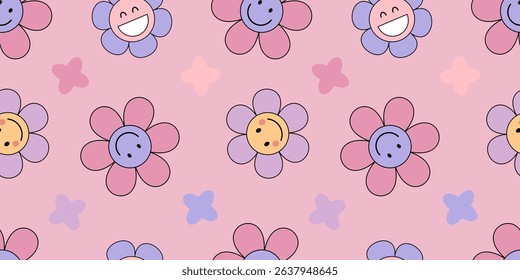 Y2K inspired seamless pattern with cute cartoon daisies. Retro smiley faces in pink and purple palette. Great for apparel, party decorations, kids wallpapers, or fun branding elements