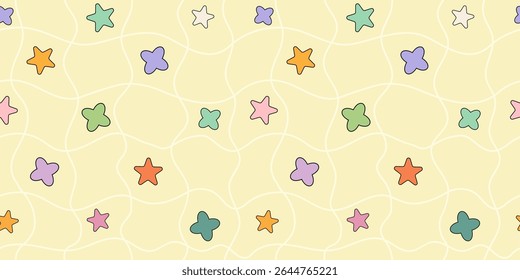 Y2K inspired seamless pattern with stars. Retro colorful elements. Great for apparel, party decorations, kids wallpapers, or fun branding elements