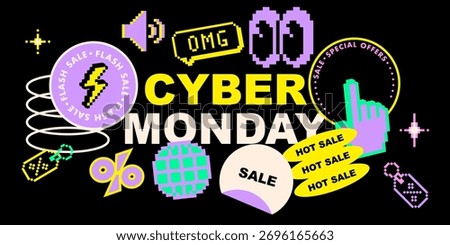 Y2k inspired set of Cyber Monday shopping stickers in 8 bit retro game digital nostalgic style. Percentage symbol, lightning flash, big eyes icons. Promotion special offers vector elements on black bg