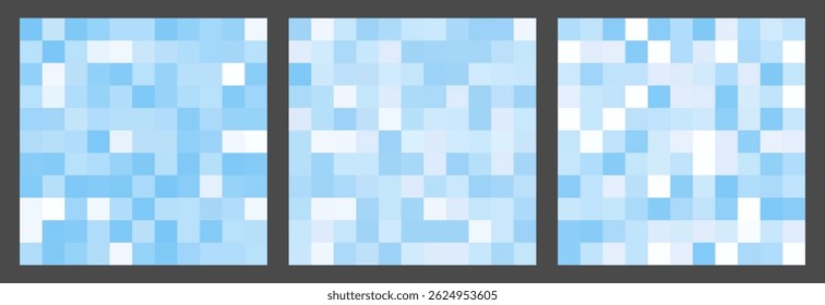 Y2k inspired set of light blue square pixelated gradient background. Abstract blue vector texture. Pixel pattern. Mosaic bg. Vector square backdrop for poster, cover, banner, social media post