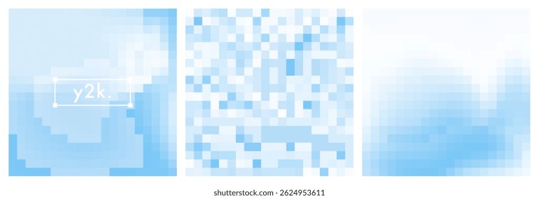 Conjunto inspirado em Y2k de fundo de gradiente de pixelização azul claro. Textura de vetor de céu azul embaçado. Padrão de pixel celeste. Mosaico bg. Tela de fundo quadrada vetorial para poster, cover, banner, social media post