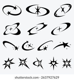 Y2K inspired star swirl vector designs. Each design features retro futuristic elements like orbit lines, sparkling stars, and dynamic curves.