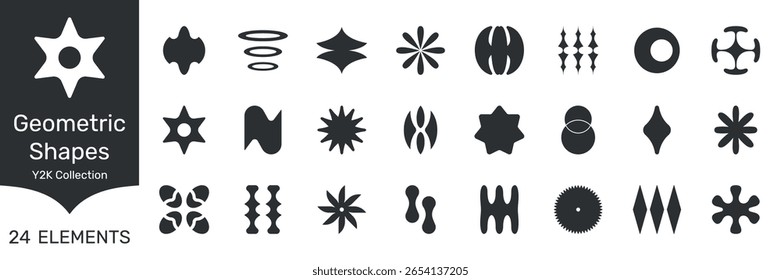 Y2K Inspirou Techno Geometric Decorative Shapes Solid Icon Set. Coleção de Símbolos de Silhueta de Formas Decorativas Geométricas Inspiradas em Tecno Y2K. Ilustração de vetor isolada.