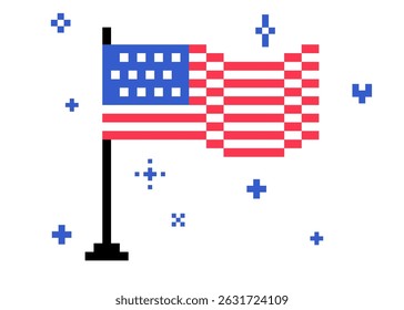 Y2k inspired USA flag sticker in pixel art. Pixels waving American flag icon. Mood of 90s. 8 bit retro style isolated vector illustration. Game abstract memorial design element on white