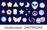 Y2K inspired vector holographic set. Abstract neon shapes, stars, gems, crystals with futuristic glow. Stickers for creating trendy designs, backgrounds, or posters.
