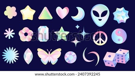 Y2K inspired vector holographic set. Abstract neon shapes, stars, gems, crystals with futuristic glow. Stickers for creating trendy designs, backgrounds, or posters.