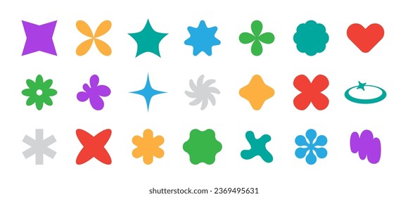 Y2K inspired vector set 3D abstract shapes perfect for creating trendy design background or poster. Colorful stars glitter, heart and flower. Trendy bright forms vector illustration