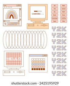 Elemento de pegatinas de interfaz Y2k. Letras de arte, iconos de diseño gráfico para merch, tipografía, streetwear. Ilustración vectorial.