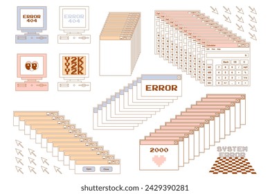 Y2k interface stickers element with inscriptions. Art lettering, graphic design emblems for merch, apparel, streetwear. Vector illustration.
