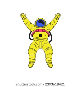 Y2k jumping astronaut in yellow spacesuit universe cosmos cartoon character groovy icon vector flat illustration. Flying cosmonaut in open space galaxy exploration trendy sticker for t shirt print