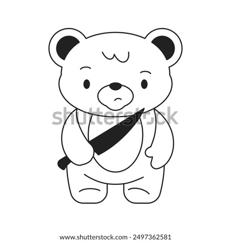 Y2k Kawaii angry bear toy with knife neo gothic outline black icon vector flat illustration. Psychedelic emo teddy killer cartoon character surreal comic glam aesthetic sketch monochrome tattoo emblem