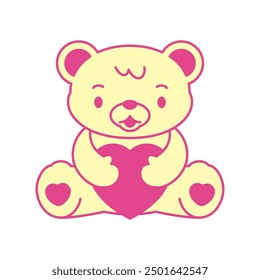 Y2k Kawaii oso juguete con corazón de color rosa glamour girlish retro groovy icono Vector plana ilustración. Adorable lindo peluche amor romántico femenino camiseta de cómic estampado pop art decorativo emoji emblema