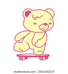 Y2k Kawaii oso juguete montando en monopatín girlish retro groovy icono Vector ilustración plana. Psychedelic teddy funky personaje de dibujos animados sport board skate rider surreal pop art camiseta impresión