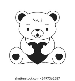 Y2k Kawaii lindo oso juguete con corazón glam contorno negro icono Vector plana ilustración. Adorable personaje de dibujos animados de peluche psicodélico amor neo gótico monocromo emblema de boceto mínimo