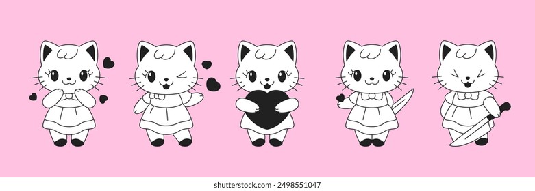 Conjunto de Ilustraciones vectoriales de contorno de concepto de arte pop neogótico de juguetes pequeños gatos Y2k Kawaii. Elementos gráficos de personajes de dibujos animados de gatitos de bebé de cómic para diseño de pegatinas, estampados y camisetas