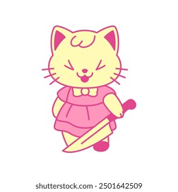 Y2k Kawaii kleine Mädchen Katze lachen mit Messer rosa Retro groovig Symbol Vektor flache Illustration. Psychedelic glamour feminine girlish kitten killer funky comic surreal cartoon charakter t shirt print