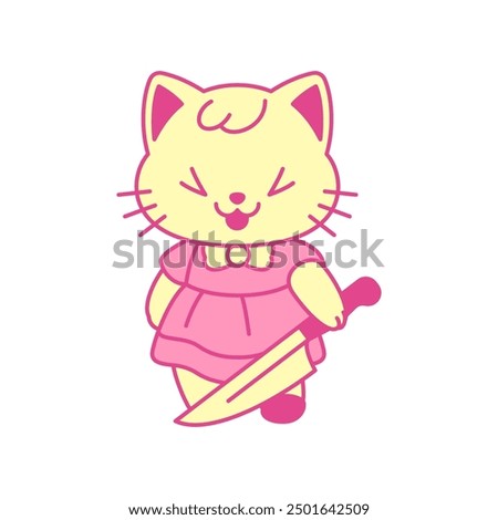 Y2k Kawaii little girl cat laughing with knife pink retro groovy icon vector flat illustration. Psychedelic glamour feminine girlish kitten killer funky comic surreal cartoon character t shirt print