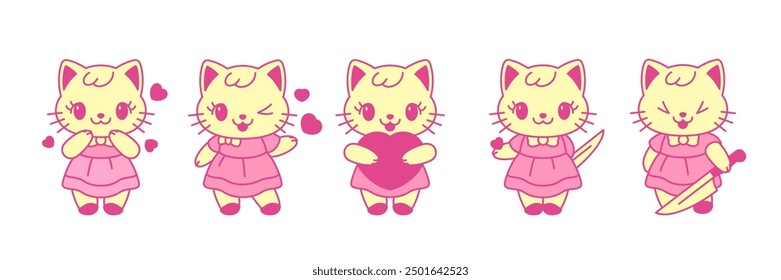 Y2k Kawaii pink girls cats feminine contemporary pop art vector illustrations set. Glamour girlish little kitty elements for stickers, prints and t-shirt designs