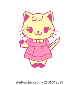 Y2k Kawaii psychedelic glam little cat with heart and knife neo gothic icon vector flat illustration. Surreal girl kitty toy killing love retro groovy contemporary pop art pink trendy t shirt print