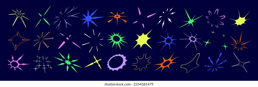 Y2k korean style star shapes. Fireworks icon set. Magical sparkle flash, shiny shine. The fireworks flicker, blink, the figures sparkle and glow.