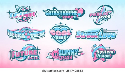 Y2K label stickers with retro funky or modern abstract icons, vector pack. Y2K stickers with space planet or futuristic galaxy and love heart with star and cartoon devil and trendy cool vibe labels