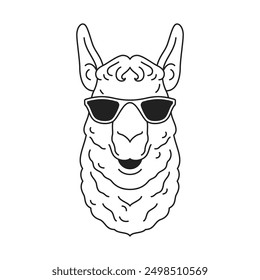 Y2k lama en gafas de sol retrato de Ilustración vectorial de iconos de contorno de arte pop contemporáneo. Glam psicodélico animal salvaje en gafas de verano surrealista mascota cómic estilo de vida tatuaje retro groovy emblema