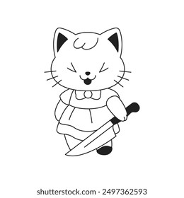 Y2k laughing Kawaii girlish glamour toy baby cat with knife outline black icon vector flat illustration. Surreal neo gothic emo dangerous kitty in dress adorable psychedelic comic minimal emblem