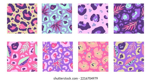 Y2k leopard seamless background set. Psychedelic pink leopard print. Seamless abstract animal, skin pattern. Trendy illustration. Vector graphic illustration