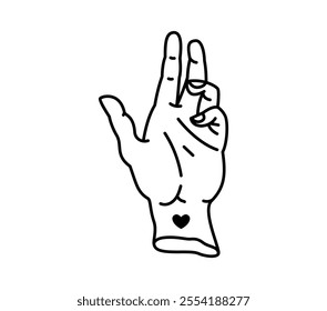 Y2k line art hand making a symbolic gesture with a small heart tattoo on the wrist. Isolated vector black and white linear human palm, symbol for gothic culture or tattoo inspired themes