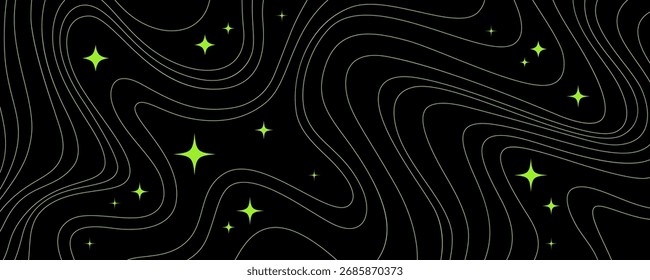 Y2K Line Pattern with Stars. Metaverse Space Background Graphic. Groovy Retro Linear Bg. Vector Psychedelic Abstract Night with Stars