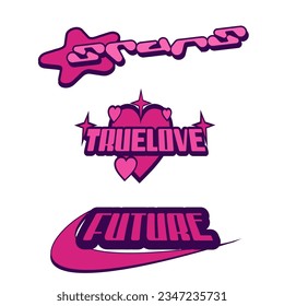 Y2K Logo Graphic Assets frame Design, Lettering design. Big collection of typography or typeface abstract graphic Pack. y2k elements. sticakers, posters, banners, logo, streetwear. Vector illustration