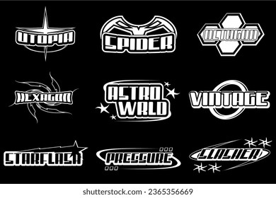 Y2K Logotype Graphic Assets frame Design, Lettering design. Big collection of typography or typeface abstract graphic Pack. y2k elements. stickers, posters, banners, streetwear. Vector illustration